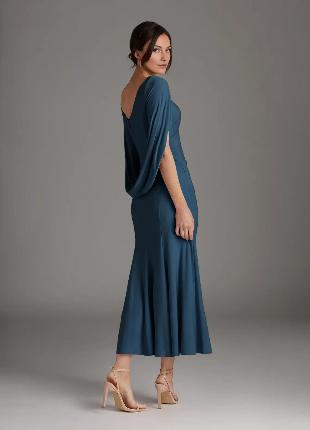 Teal Mother of the Bride Dress with Asymmetric Draped Sleeves Boat Neckline and Bodycon Silhouette for Modern Formal Occasions