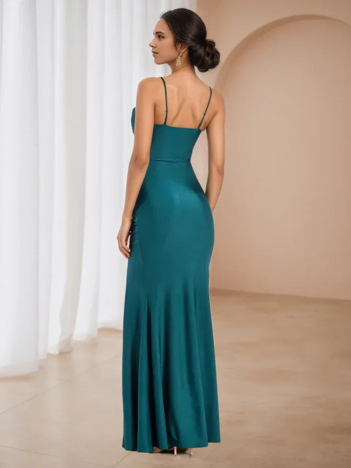 Teal Ruched Prom Dress Square Neckline Spaghetti Straps Figure - Hugging Fit for Glamorous Galas