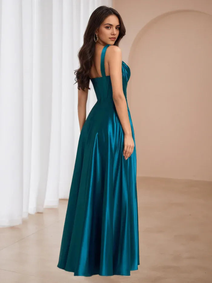 Teal Square Neck Prom Gown High Slit Design Perfect for Glamorous Galas