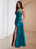 Teal Square Neck Prom Gown High Slit Design Perfect for Glamorous Galas