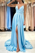 Blue V-neck Sleeveless Evening Dress With Slit Long