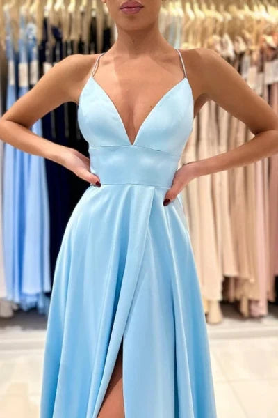 Blue V-neck Sleeveless Evening Dress With Slit Long
