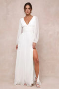 White Evening Dress with Deep V - Neck Sheer Sleeves Subtle Slit Ideal for Understated Luxury Events
