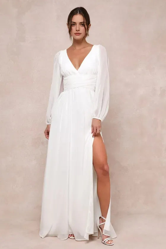 White Evening Dress with Deep V - Neck Sheer Sleeves Subtle Slit Ideal for Understated Luxury Events