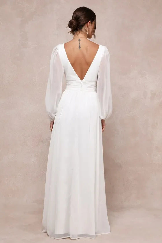 White Evening Dress with Deep V - Neck Sheer Sleeves Subtle Slit Ideal for Understated Luxury Events