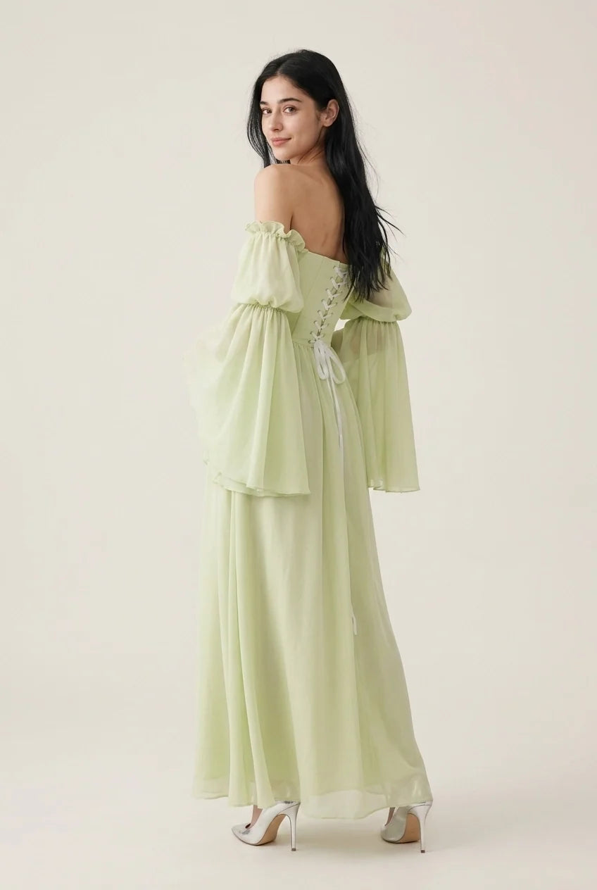 Sophisticated Graceful Stylish Elegant Green Lace A-Line Long Sleeve Floor-Length Prom Dress