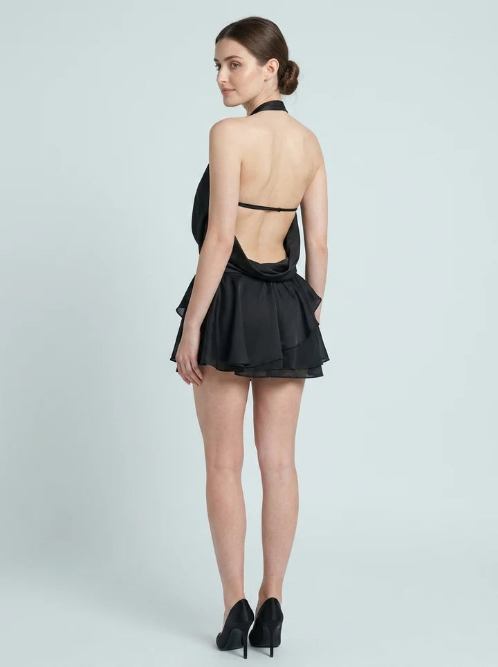Black A-line Halter Cowl Neck Sleeveless Open Back Mini Homecoming Dress