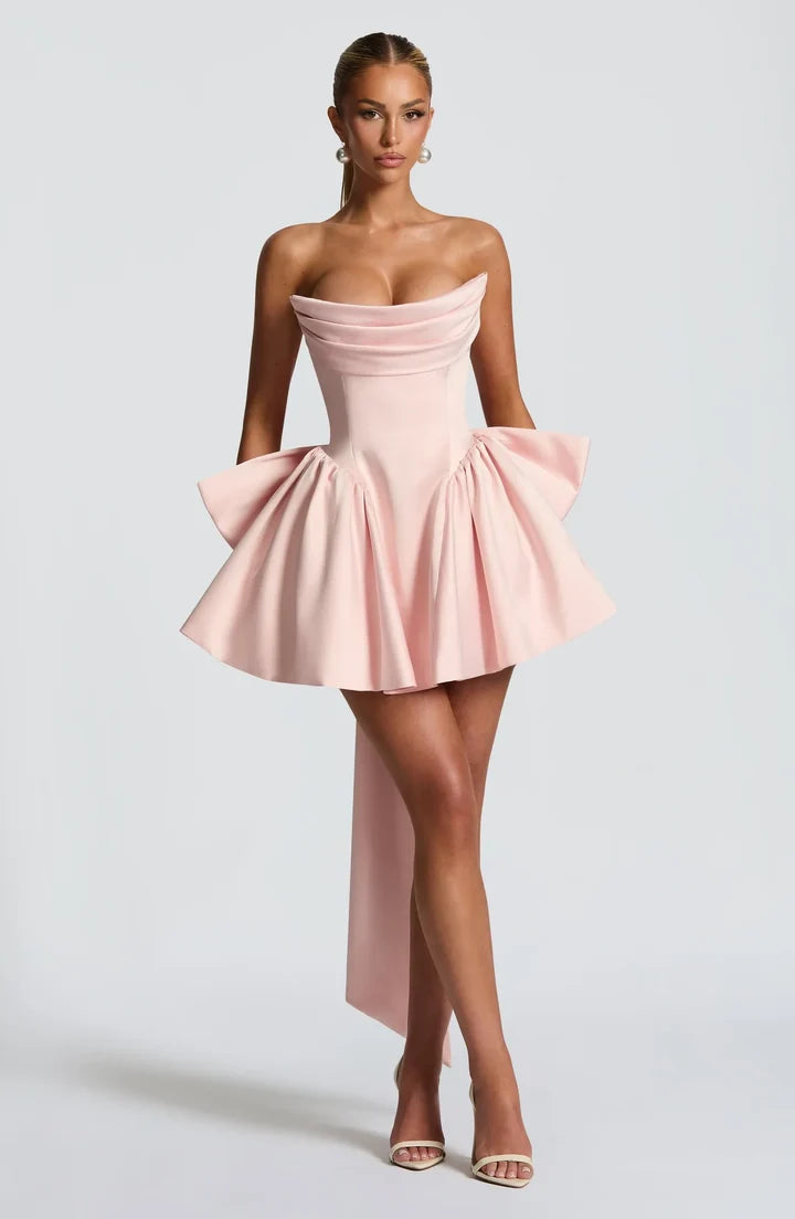 Pink Satin Strapless Cowl Corset Big Bow Train Mini Homecoming Dress