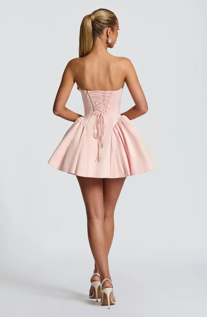 Pink Satin Strapless Cowl Corset Big Bow Train Mini Homecoming Dress