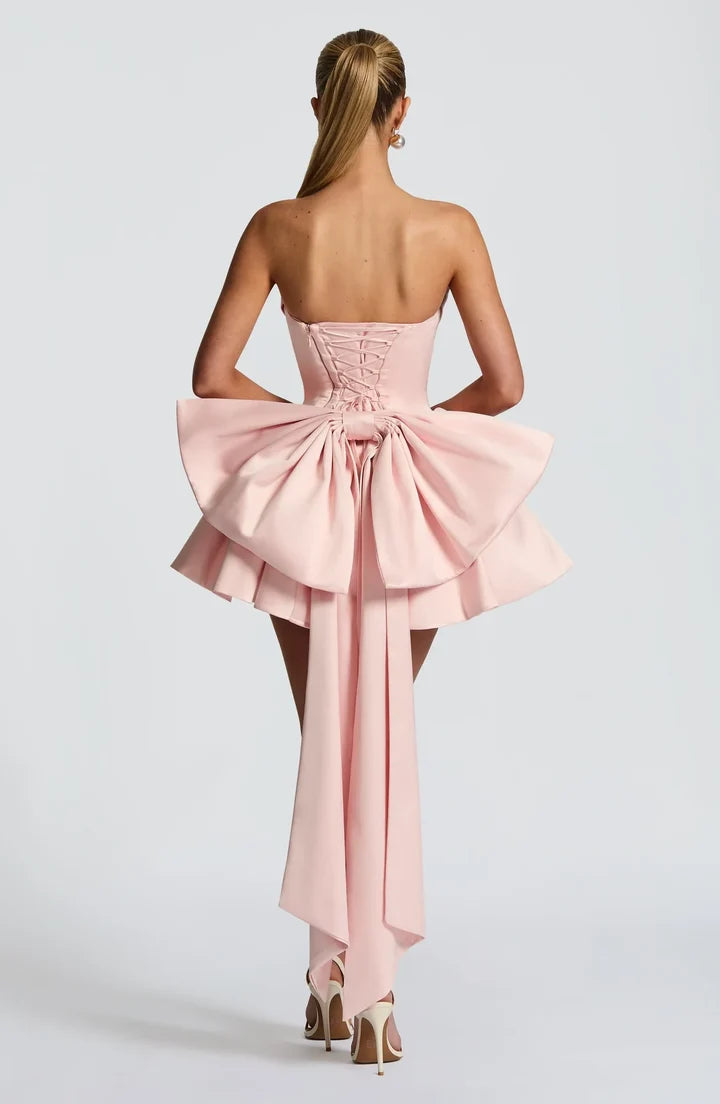 Pink Satin Strapless Cowl Corset Big Bow Train Mini Homecoming Dress