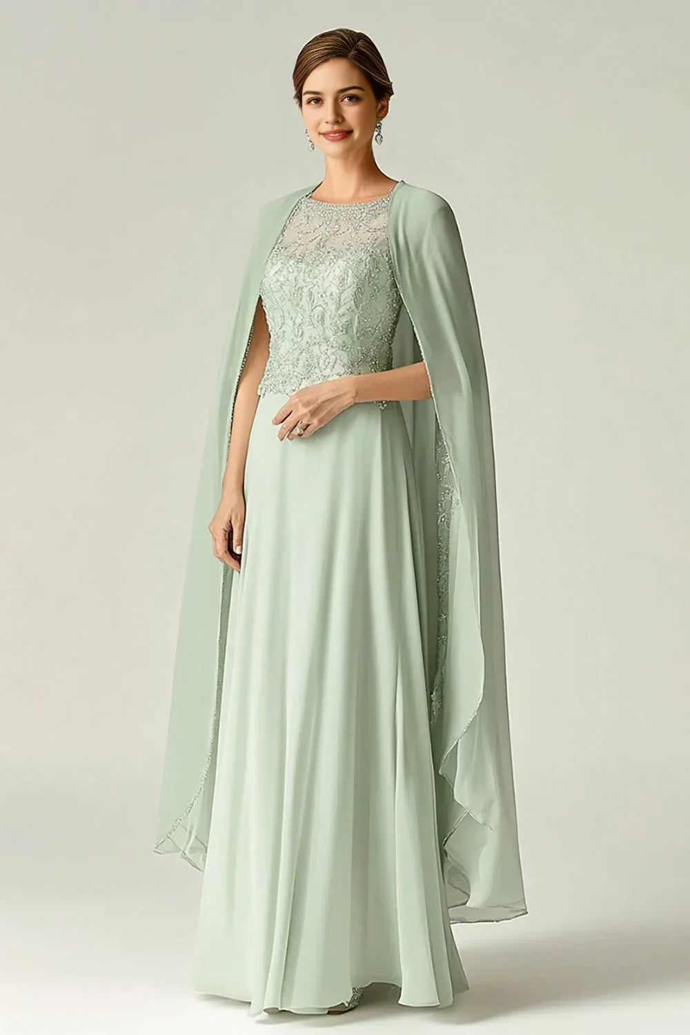 Green Cape - Accented Light Mother's Formal Dress