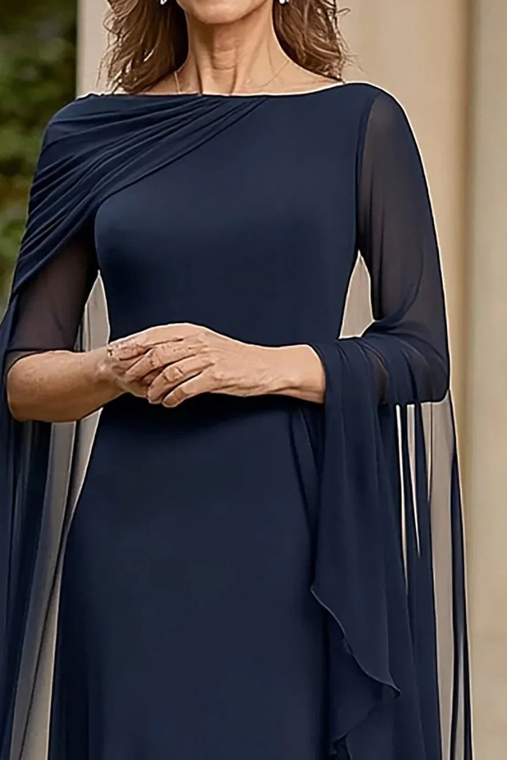 Navy A Line Mother of the Bride Dress with Cape