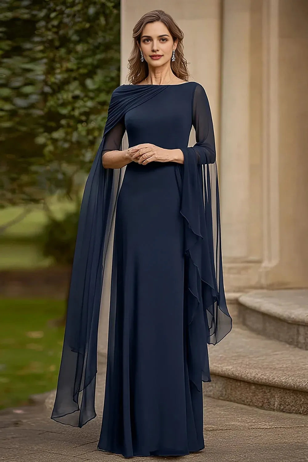 Navy A Line Mother of the Bride Dress with Cape