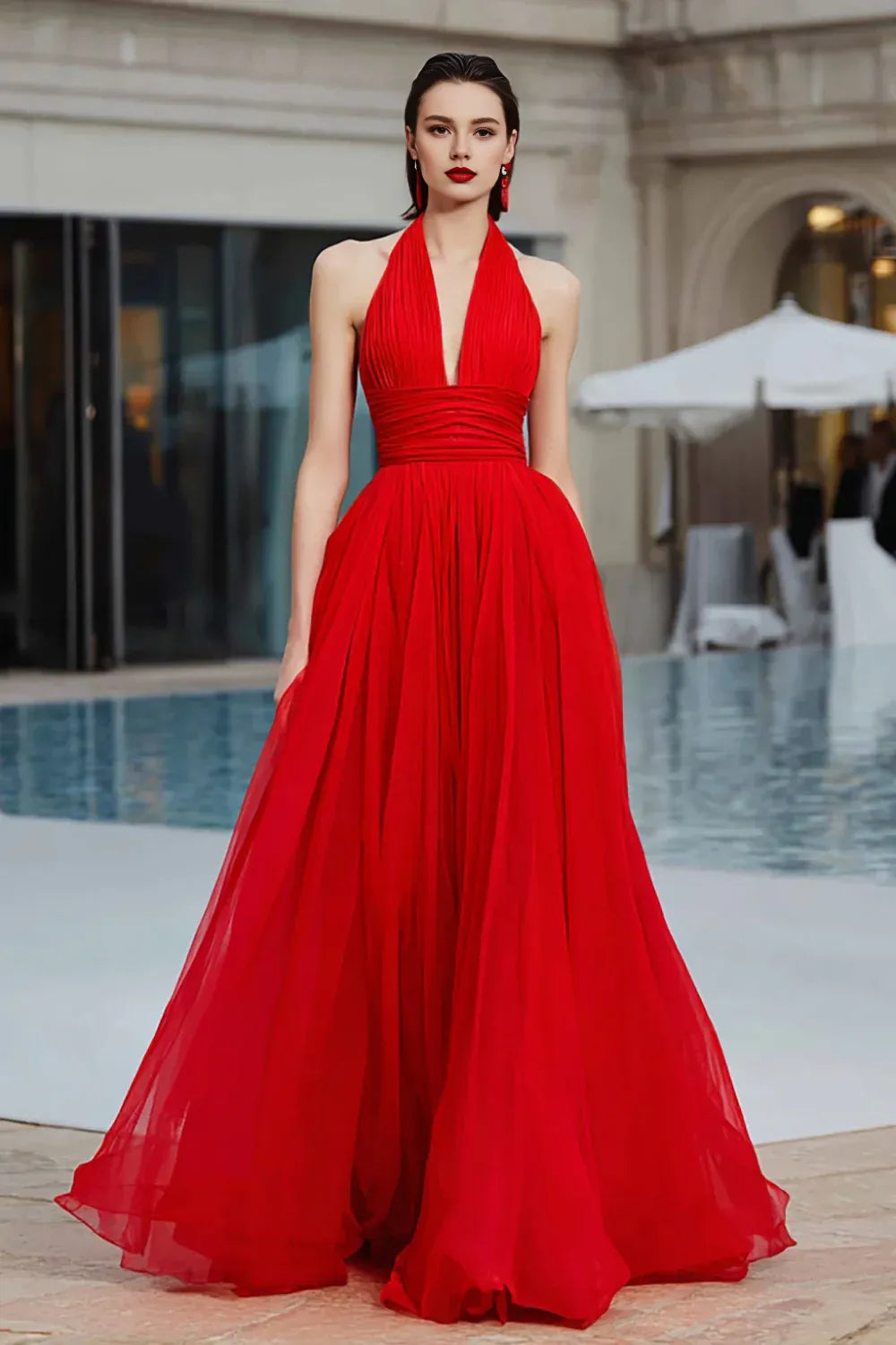 Special Occasion Sophisticated Graceful Elegant Red Chiffon A-Line Halter Sleeveless Floor-Length Prom Dress