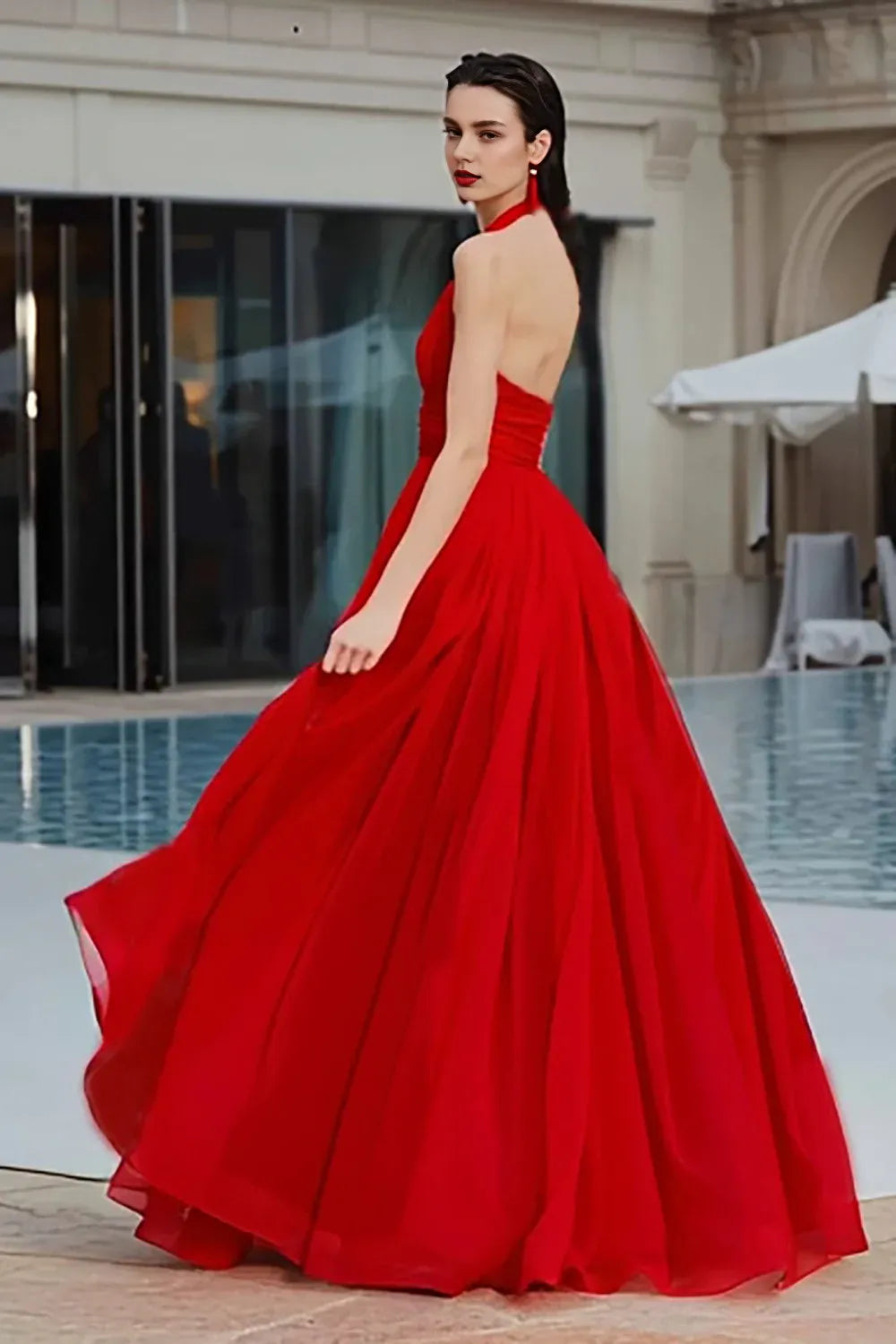 Special Occasion Sophisticated Graceful Elegant Red Chiffon A-Line Halter Sleeveless Floor-Length Prom Dress