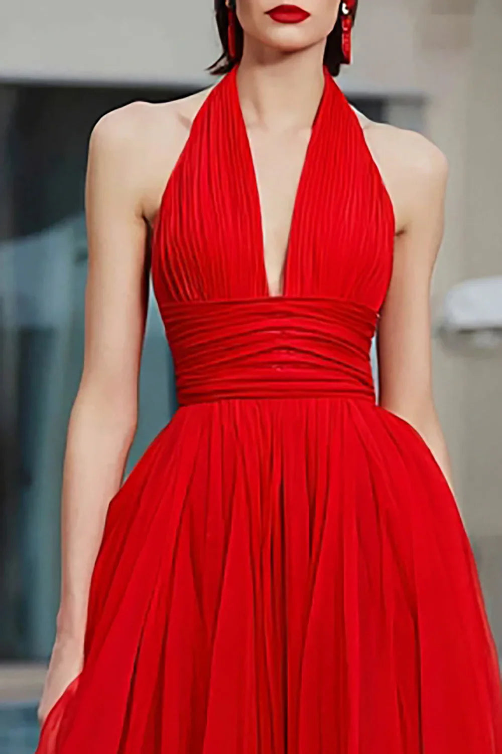 Special Occasion Sophisticated Graceful Elegant Red Chiffon A-Line Halter Sleeveless Floor-Length Prom Dress