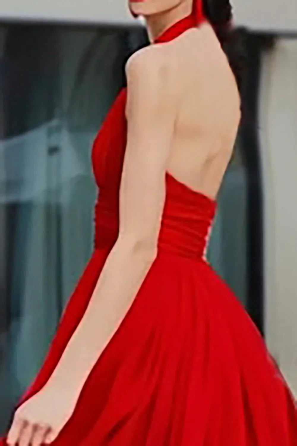 Special Occasion Sophisticated Graceful Elegant Red Chiffon A-Line Halter Sleeveless Floor-Length Prom Dress
