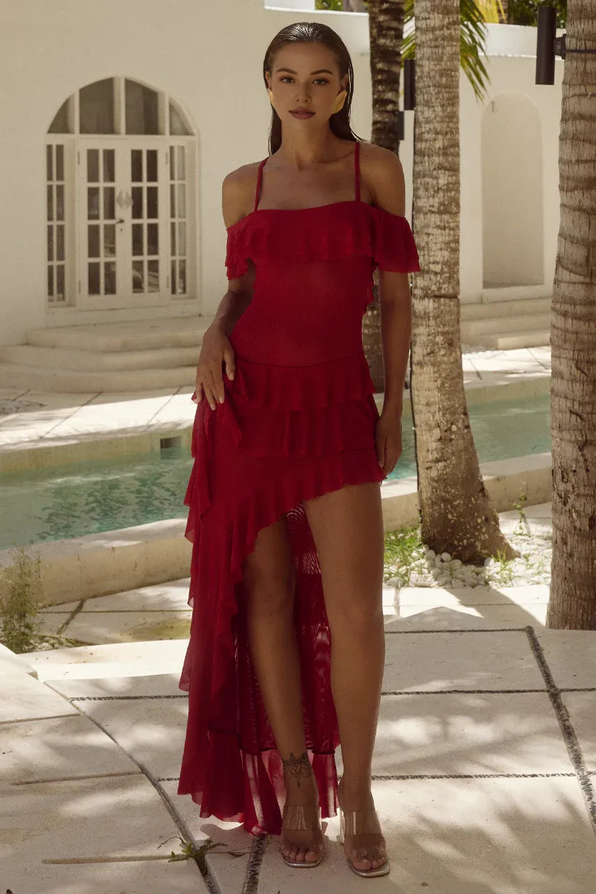 Beautiful Timeless Special Occasion Elegant Red Chiffon A-Line Asymmetric Sleeveless Prom Dress