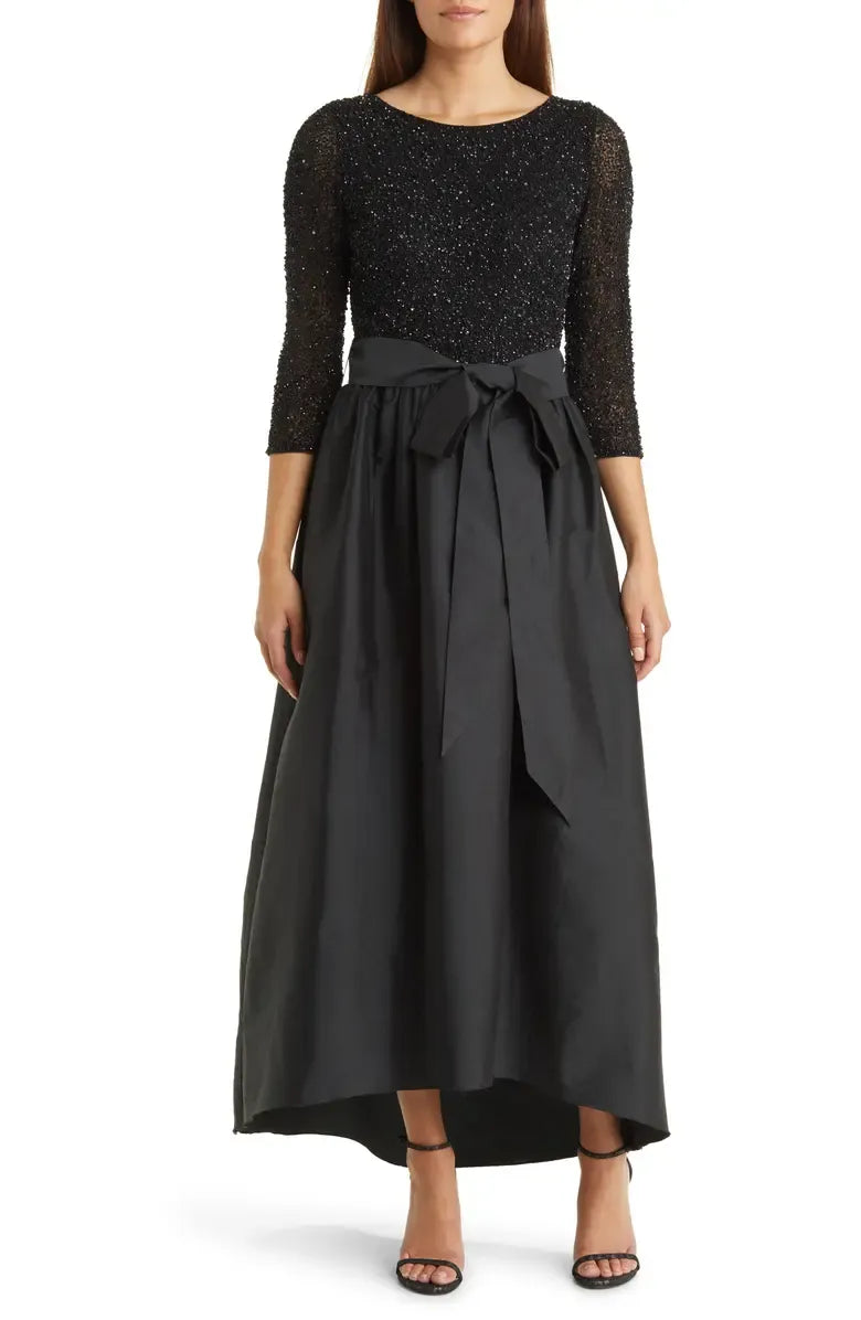 Stylish Elegant Black Satin A-Line Scoop Neck Long Sleeve Long Prom Dress