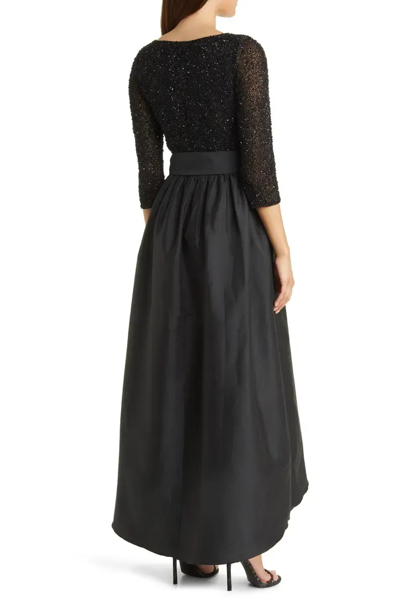 Stylish Elegant Black Satin A-Line Scoop Neck Long Sleeve Long Prom Dress