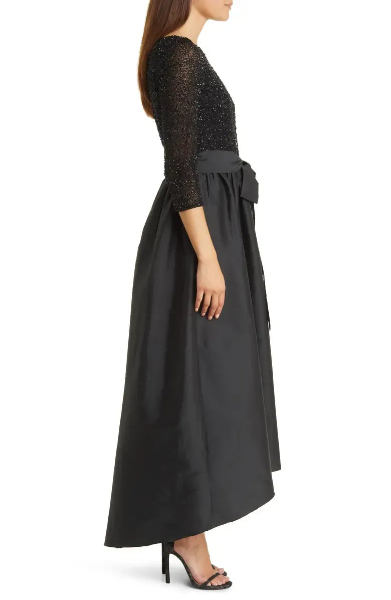 Stylish Elegant Black Satin A-Line Scoop Neck Long Sleeve Long Prom Dress
