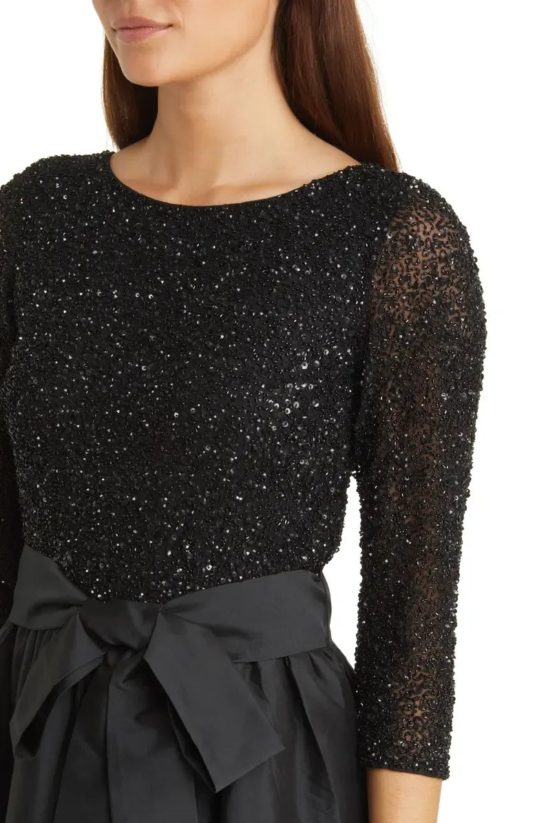 Stylish Elegant Black Satin A-Line Scoop Neck Long Sleeve Long Prom Dress