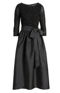 Stylish Elegant Black Satin A-Line Scoop Neck Long Sleeve Long Prom Dress