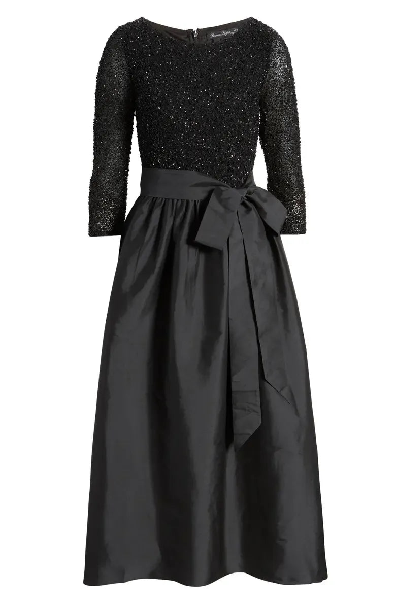 Stylish Elegant Black Satin A-Line Scoop Neck Long Sleeve Long Prom Dress