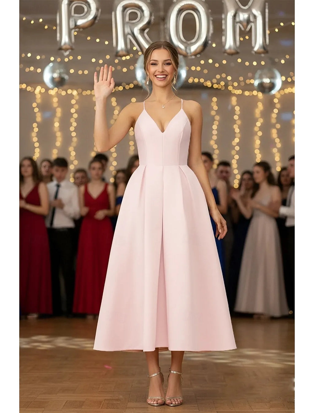 Spaghetti Strap Pleated Blush Tea Length Prom Dress
