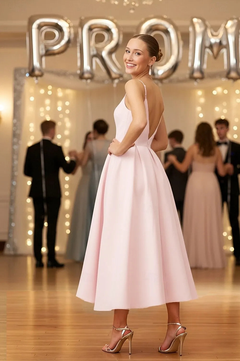Spaghetti Strap Pleated Blush Tea Length Prom Dress