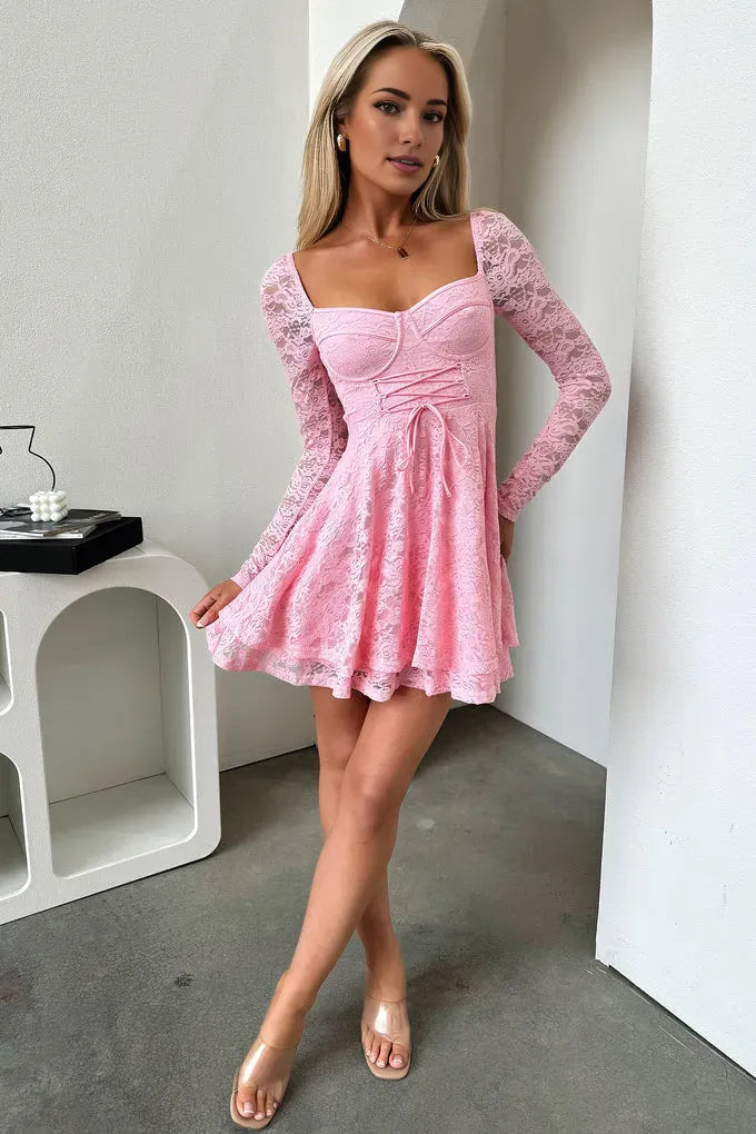 Chic Elegant Red Lace A-Line Square Neck Long Sleeve Mini Homecoming Dress