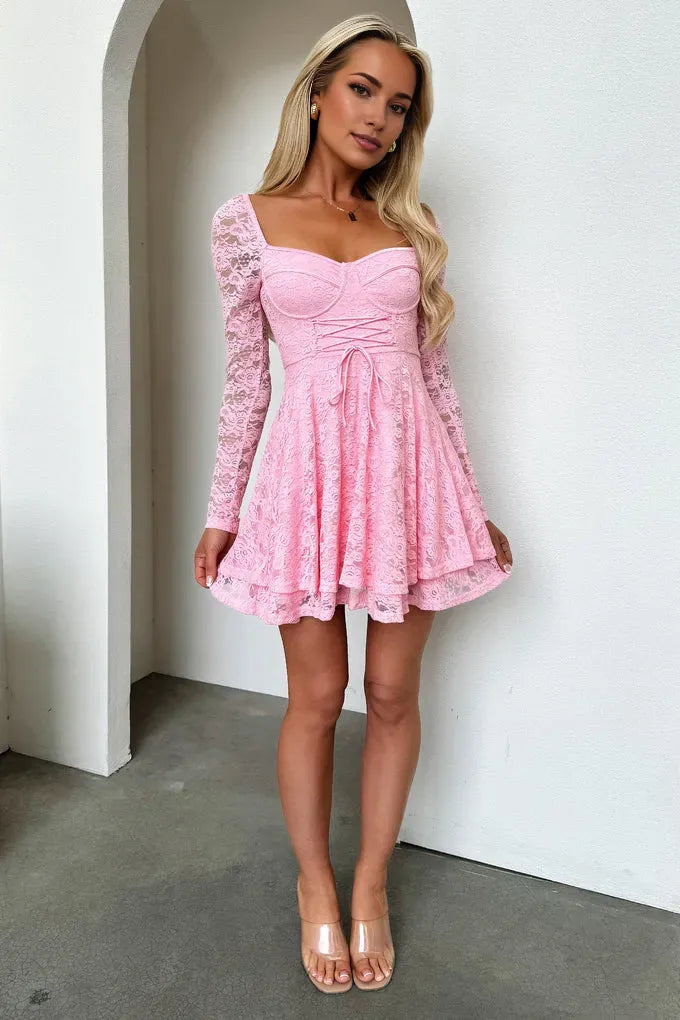 Chic Elegant Red Lace A-Line Square Neck Long Sleeve Mini Homecoming Dress