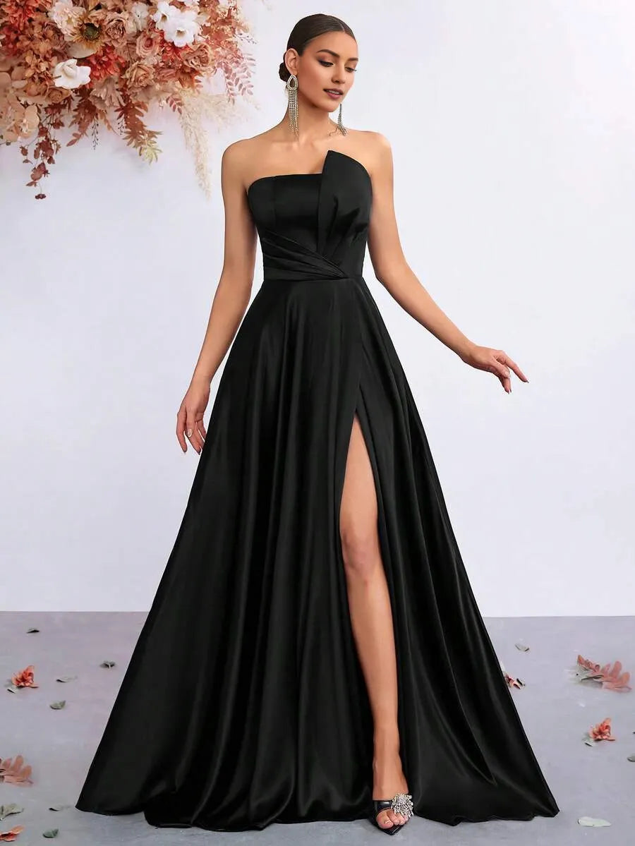 Strapless Sleeveless Lace-Up Back Ruched Floor-Length High Slit Prom Dress