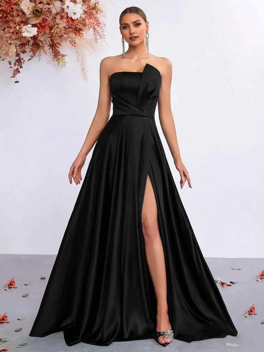 Strapless Sleeveless Lace-Up Back Ruched Floor-Length High Slit Prom Dress
