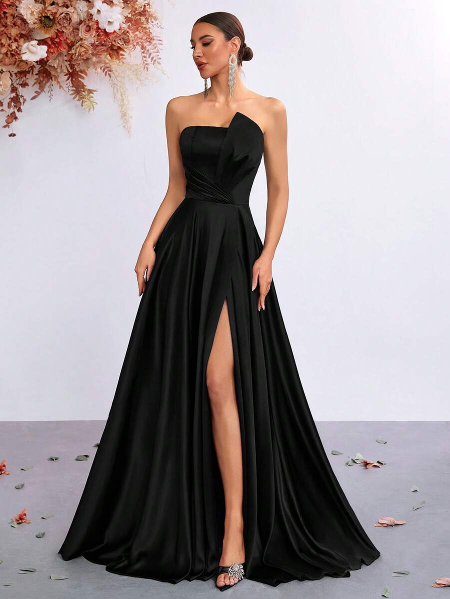 Strapless Sleeveless Lace-Up Back Ruched Floor-Length High Slit Prom Dress