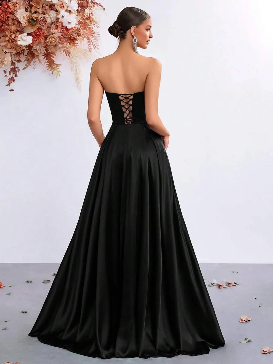 Strapless Sleeveless Lace-Up Back Ruched Floor-Length High Slit Prom Dress