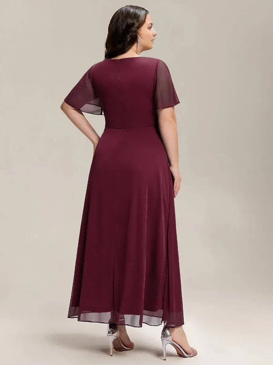V -Neck Ruffle Sleeve Back Zip Ruched Bodice Slit Floor-Length Plus Size Prom Dresses