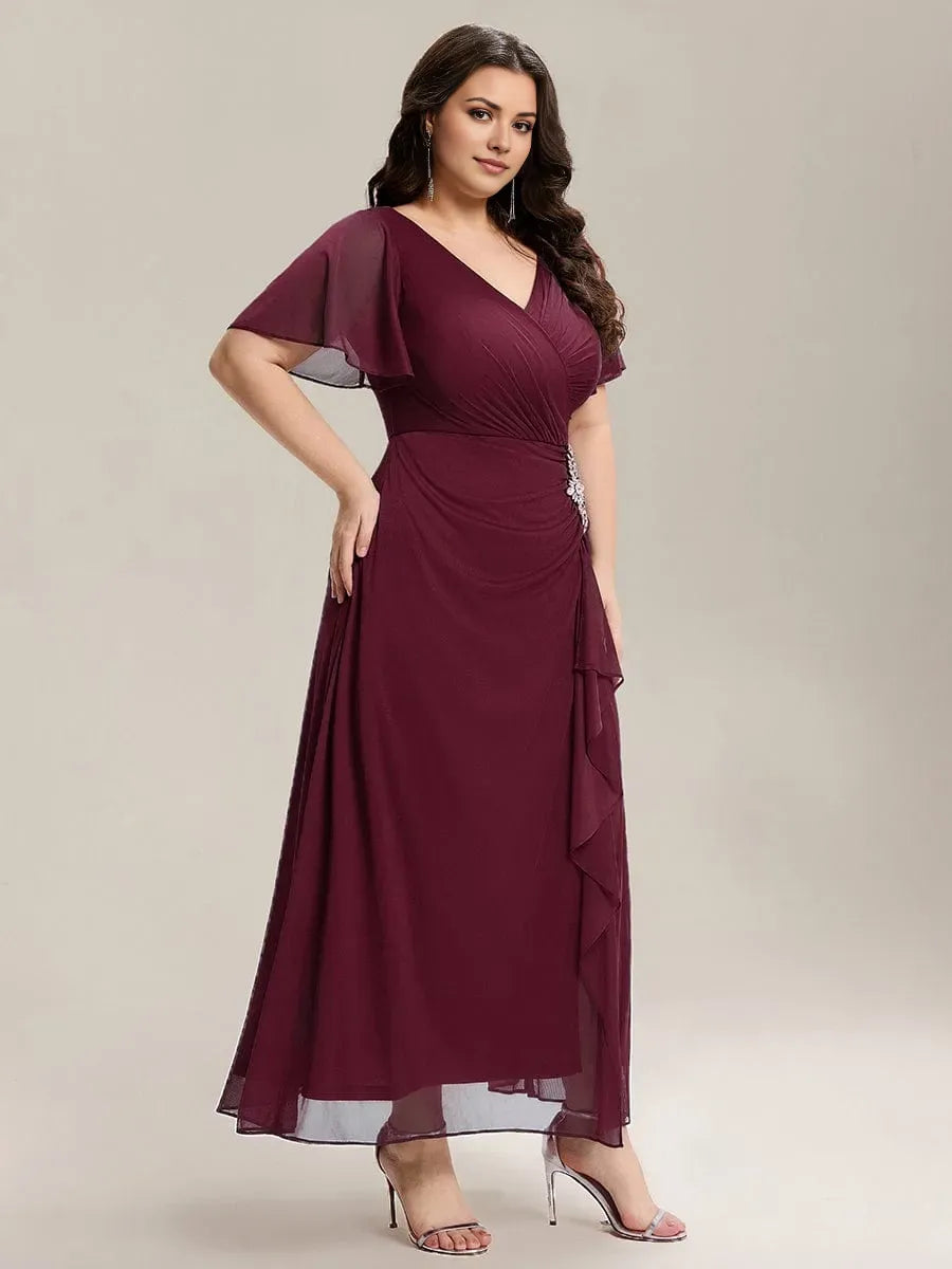 V -Neck Ruffle Sleeve Back Zip Ruched Bodice Slit Floor-Length Plus Size Prom Dresses