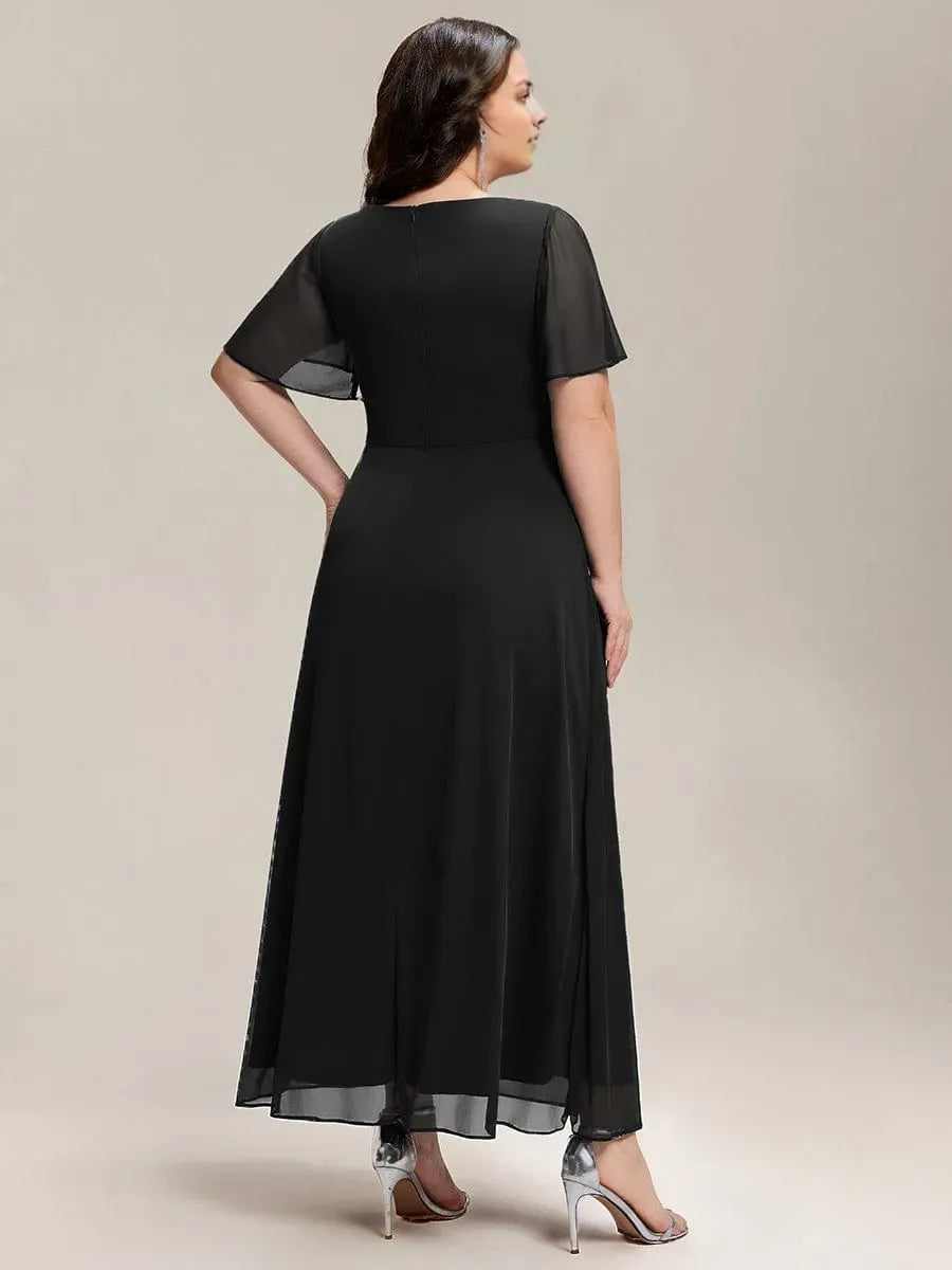V -Neck Ruffle Sleeve Back Zip Ruched Bodice Slit Floor-Length Plus Size Prom Dresses
