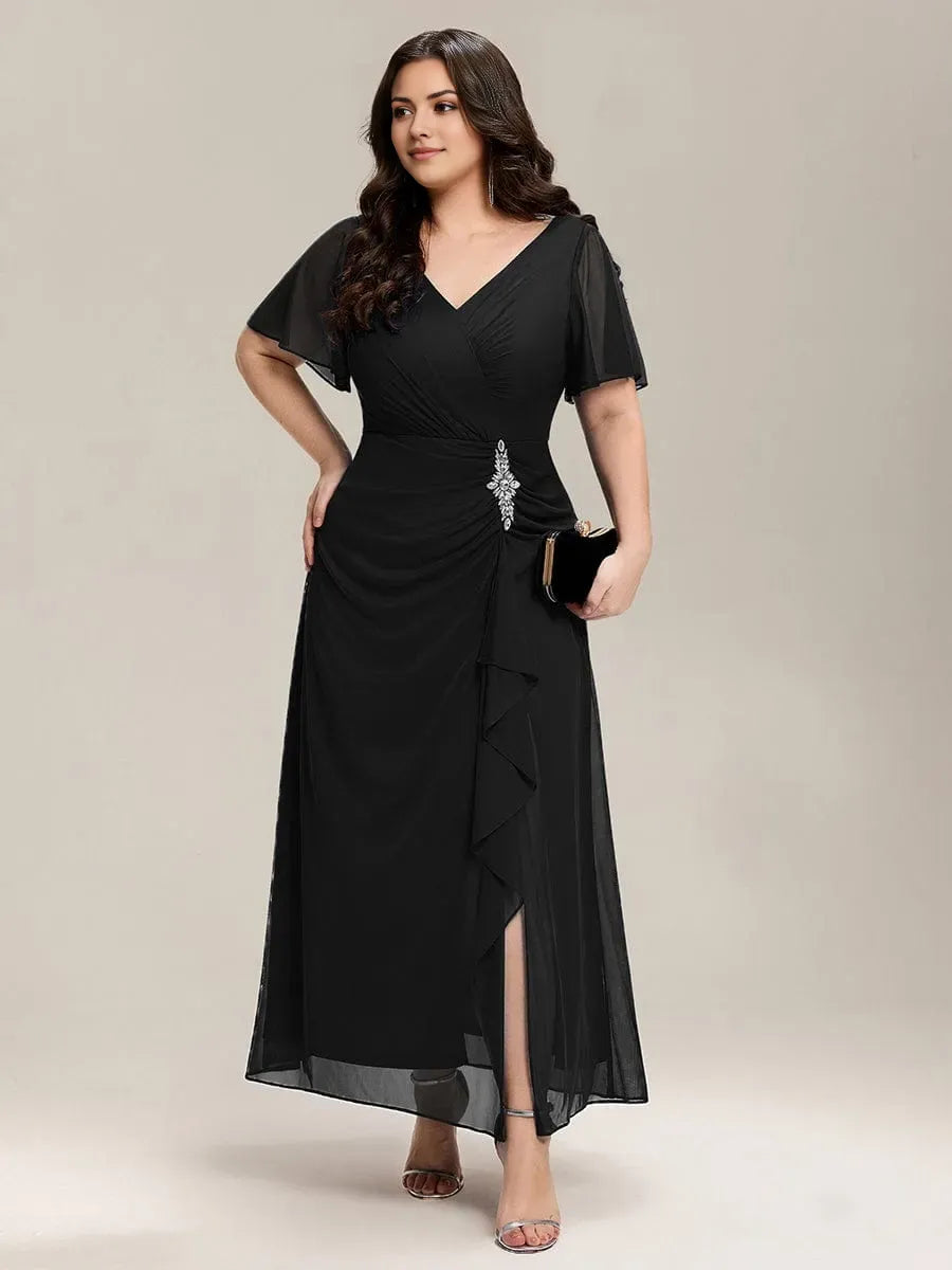 V -Neck Ruffle Sleeve Back Zip Ruched Bodice Slit Floor-Length Plus Size Prom Dresses