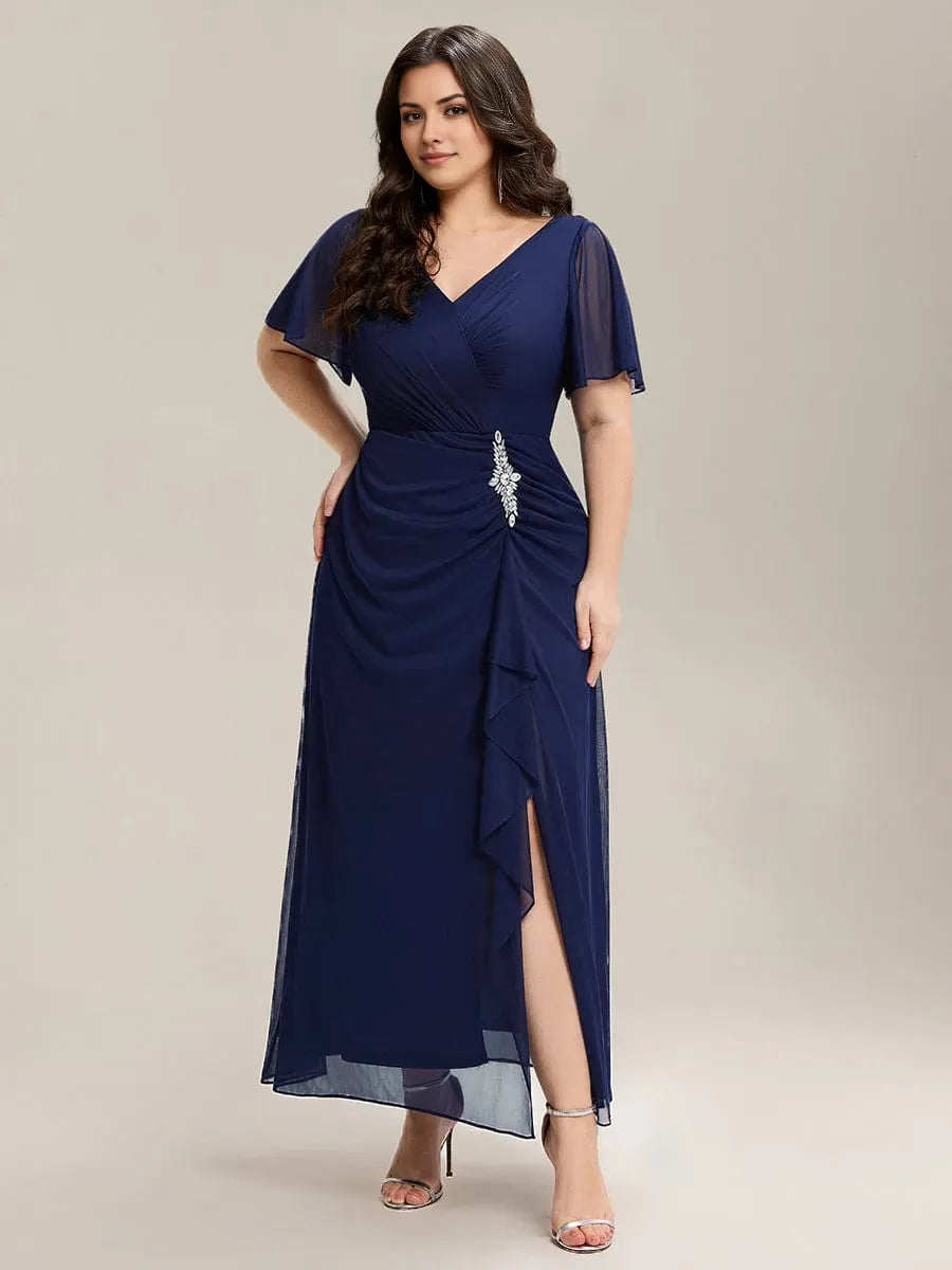 V -Neck Ruffle Sleeve Back Zip Ruched Bodice Slit Floor-Length Plus Size Prom Dresses
