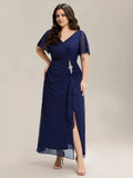 V -Neck Ruffle Sleeve Back Zip Ruched Bodice Slit Floor-Length Plus Size Prom Dresses