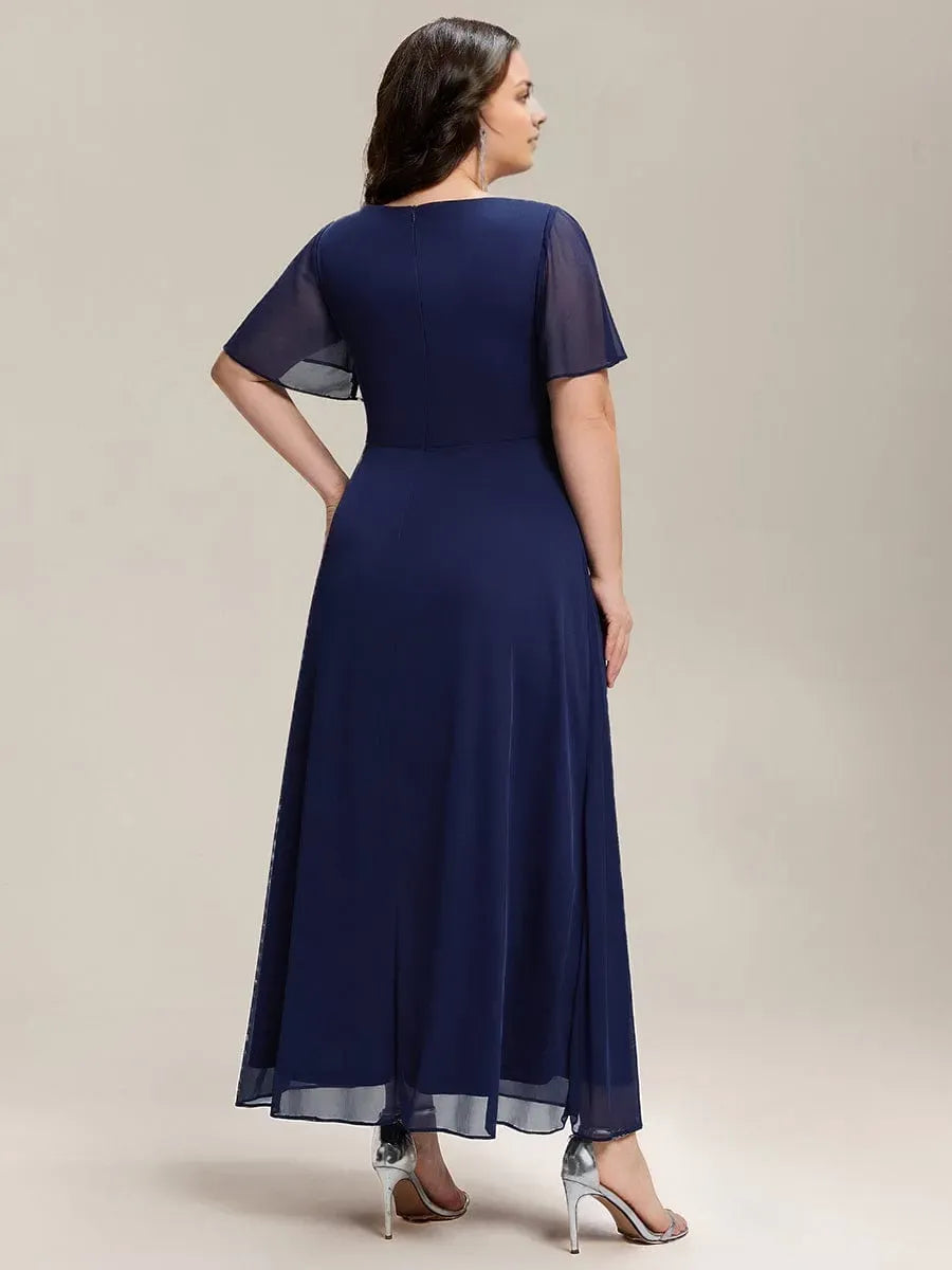 V -Neck Ruffle Sleeve Back Zip Ruched Bodice Slit Floor-Length Plus Size Prom Dresses