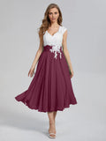 Special Occasion Elegant Burgundy Chiffon A-Line V-Neck Tea-Length Mother of the Bride Dress
