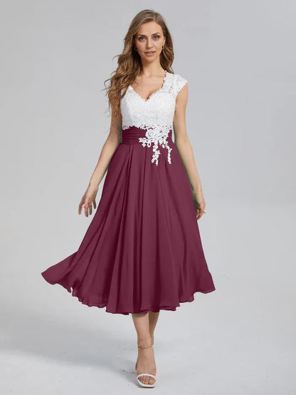 Special Occasion Elegant Burgundy Chiffon A-Line V-Neck Tea-Length Mother of the Bride Dress