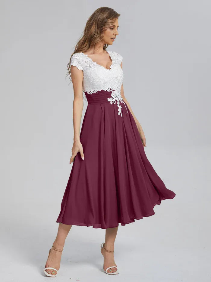 Special Occasion Elegant Burgundy Chiffon A-Line V-Neck Tea-Length Mother of the Bride Dress