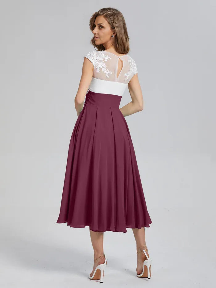 Special Occasion Elegant Burgundy Chiffon A-Line V-Neck Tea-Length Mother of the Bride Dress