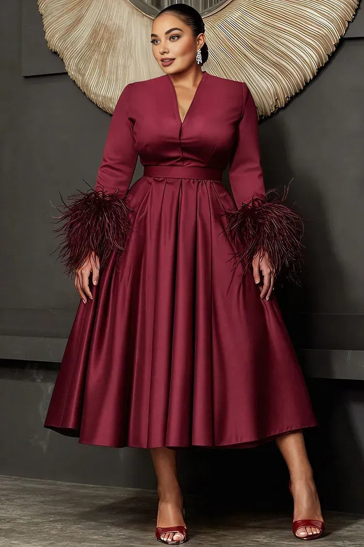Timeless Special Occasion Elegant Burgundy Satin A-Line Long Sleeve Midi Prom Dress