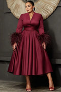 Timeless Special Occasion Elegant Burgundy Satin A-Line Long Sleeve Midi Prom Dress