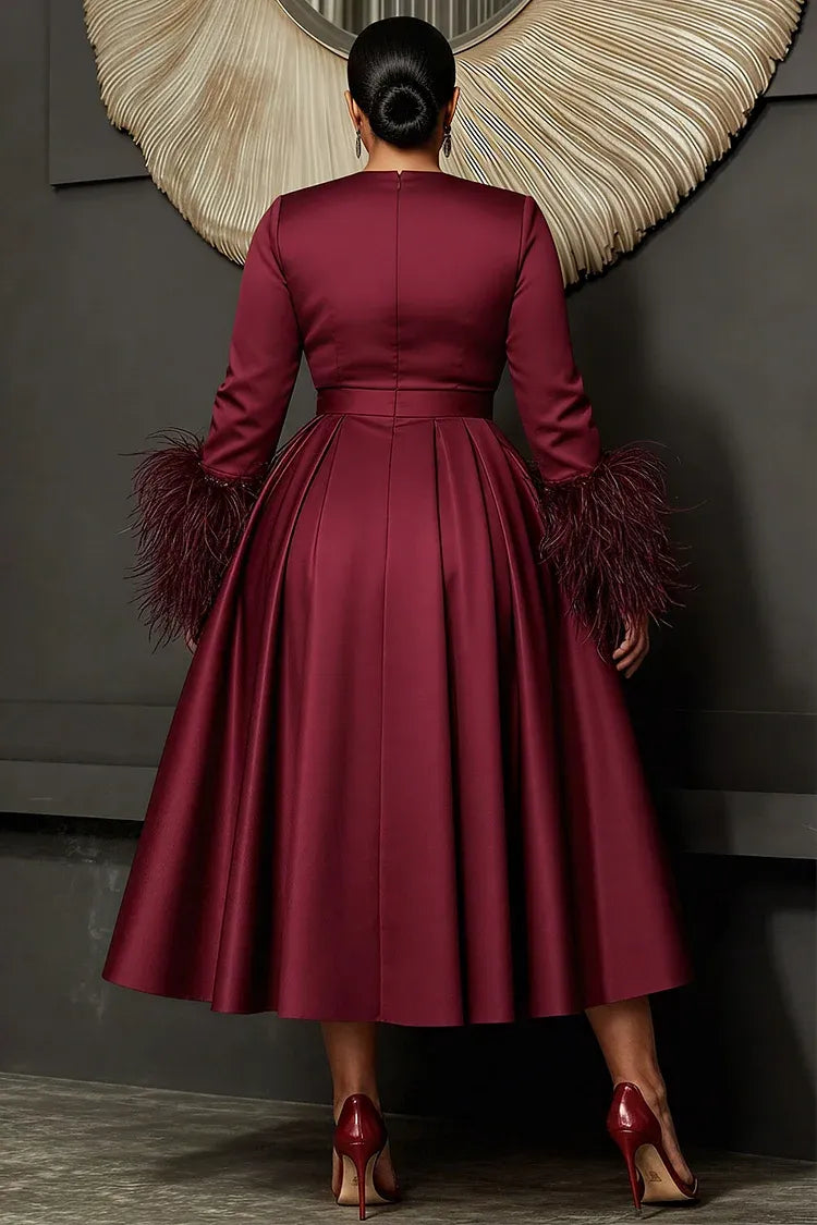 Timeless Special Occasion Elegant Burgundy Satin A-Line Long Sleeve Midi Prom Dress